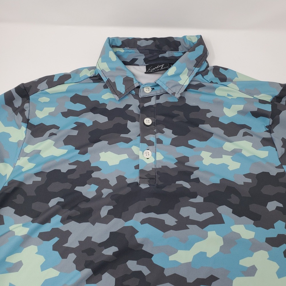 Sunday Swagger Polo Shirt Mens M Blue Grey Geometric Camo Button-down